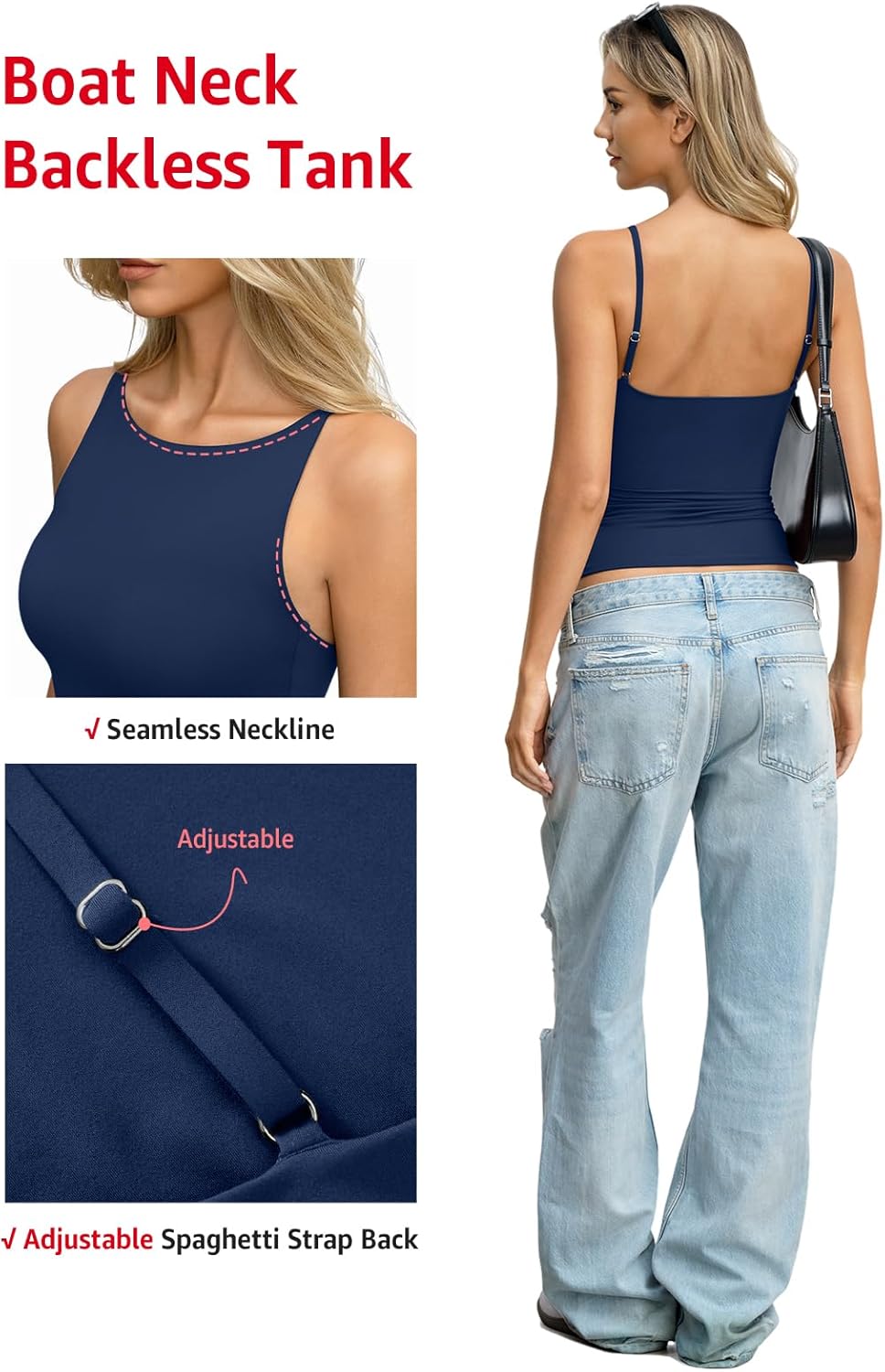 Womens Boat Neck Backless Tank Top Spaghetti Strap Open Back Camisole High Neck Fitted Shirt Y2K Going Out Top - Image 3