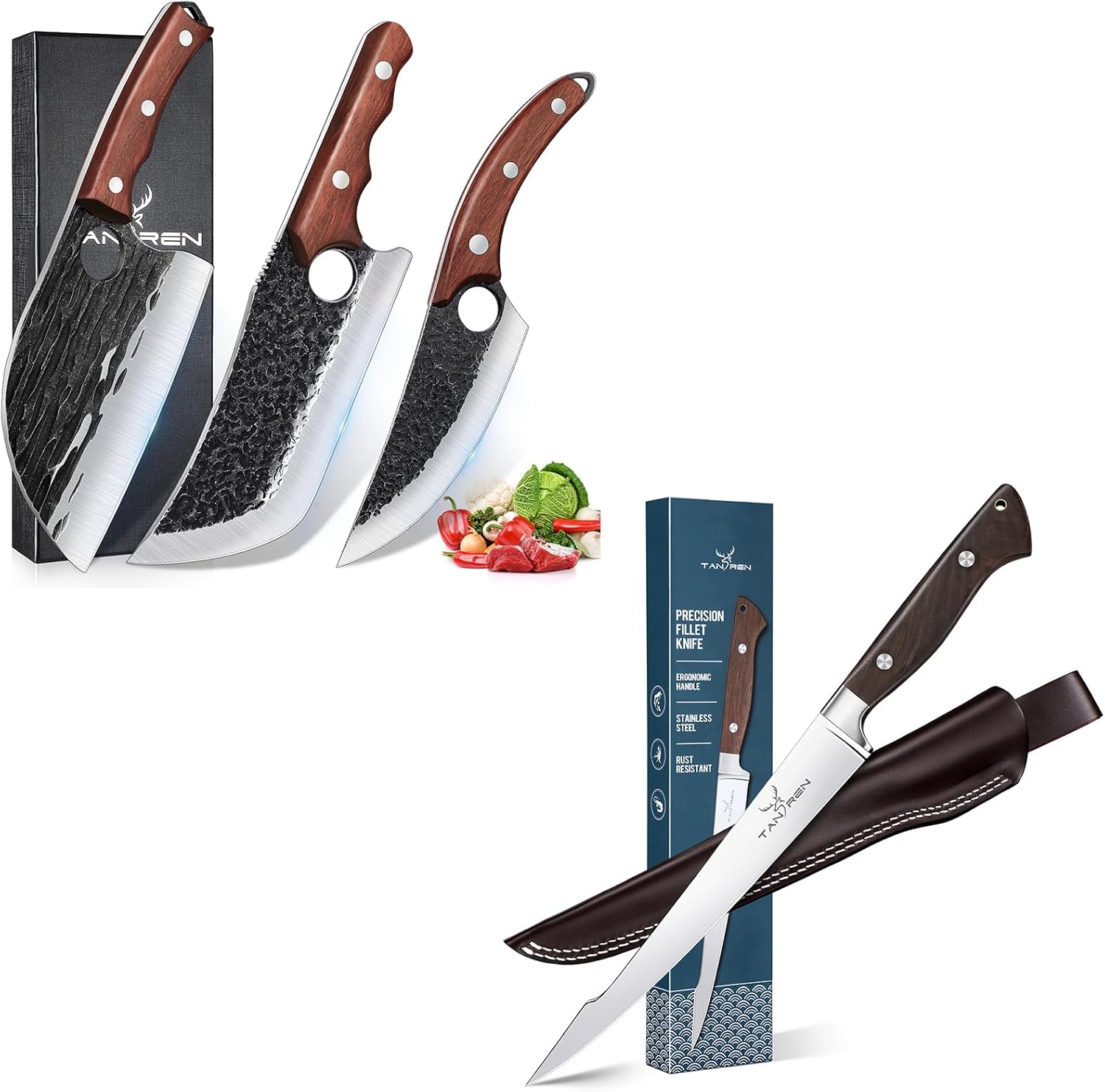 TAN REN 3PCS Butcher Knife Set for Meat Cutting, High Carbon Steel Kitchen Knives and 9 Inch Stainless Steel Fillet Knife for Fishing Meat with Sheath