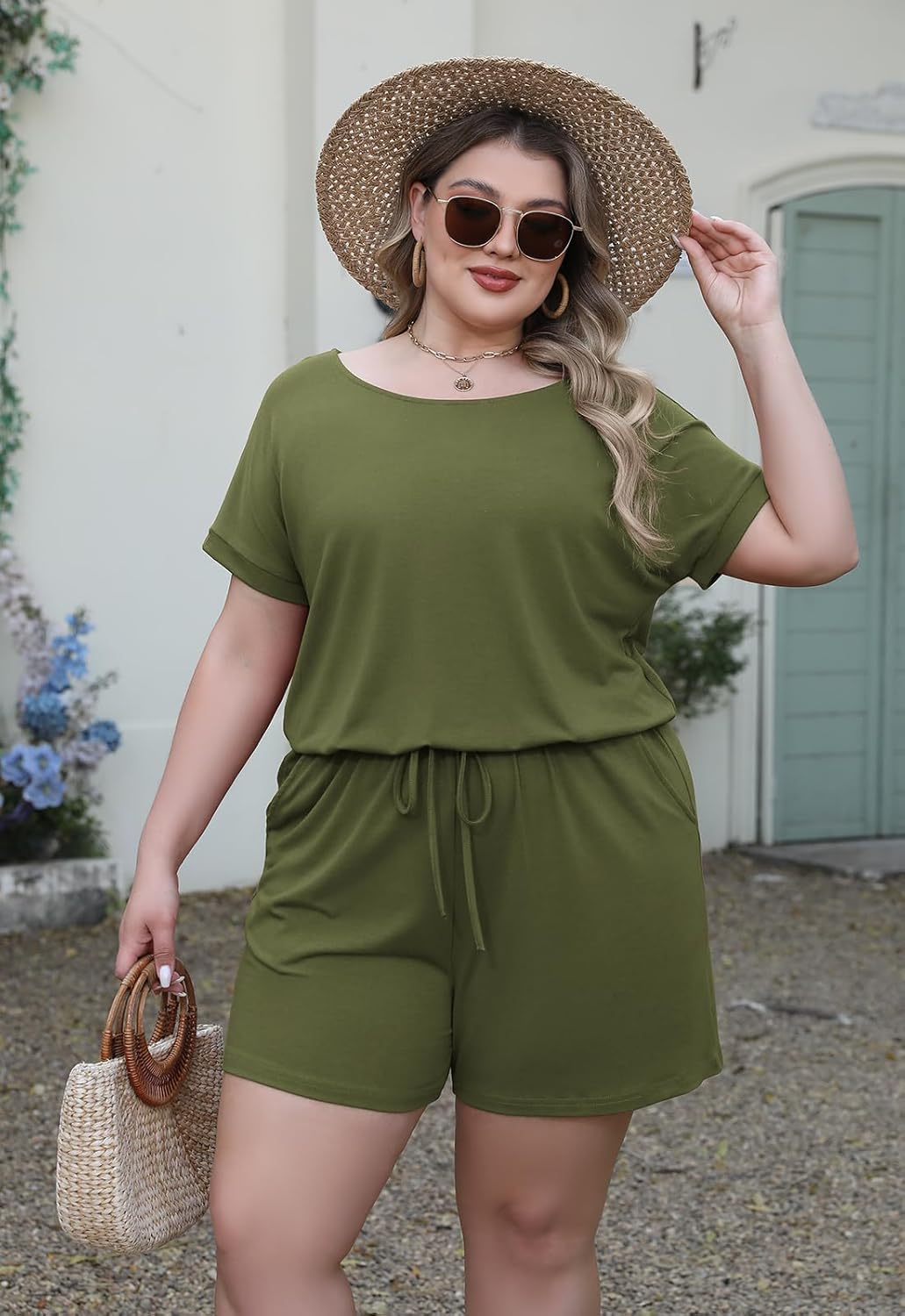 Nemidor Plus Size Rompers for Curvy Women Casual Summer One Piece Short Sleeve Loose Elastic Waist Jumpsuit with Pocket - Image 5