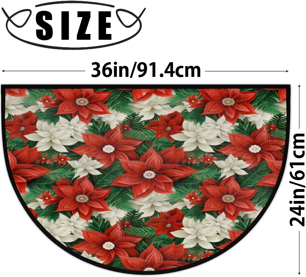 Christmas Floral Poinsettia Red (02) Half Round Door Mat Indoor Entrance Half Circle Area Rug Semi Circular Door Mat Half Moon Rug for Floor Bathroom Living Room Bedroom Kitchen Fireplace 24"x36"