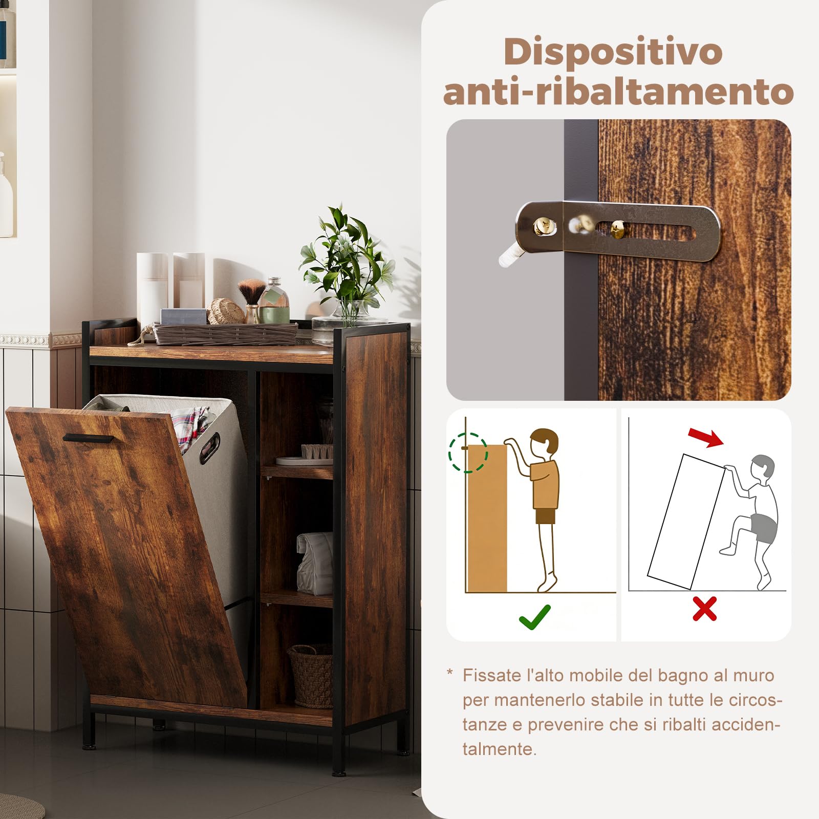 ELUCHANG Mobiletto bagno con portabiancheria(50L)-2 in 1 Mobile bagno salvaspazio per Bagnos,Sacchi Interni Rimovibili Lavabile, Soggiorno, lavanderia,camera da letto,63x30x91cm,Vintage+Nero