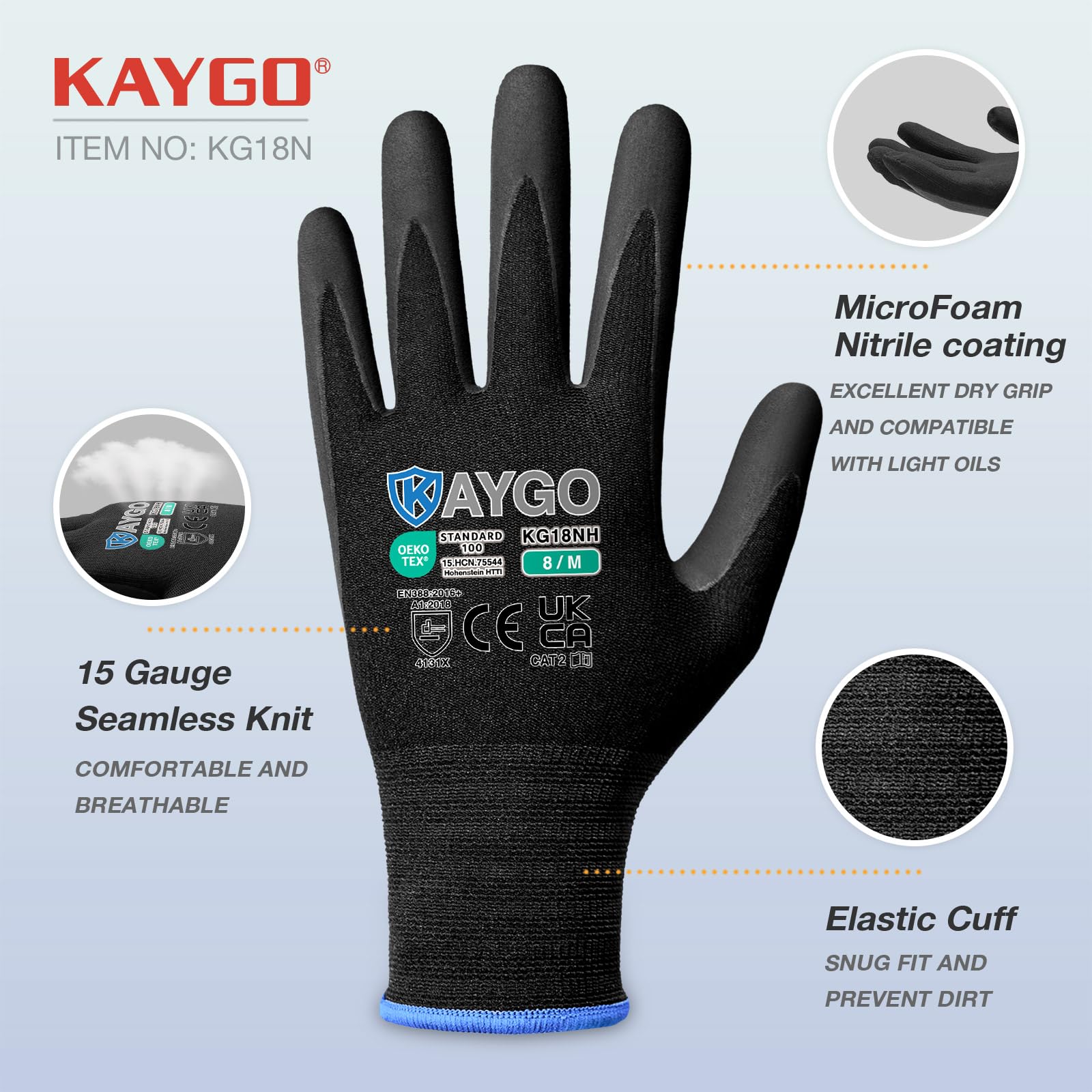 KAYGO Micro Foam Nitrile Coated Work Gloves 3 works, Nylon Liner, Breathable and Flexible, Light Oil Grip - Image 2