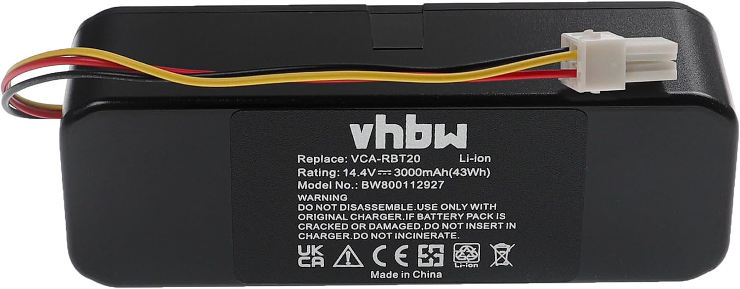 Bottom view of vhbw replacement battery showing label with specifications and warnings