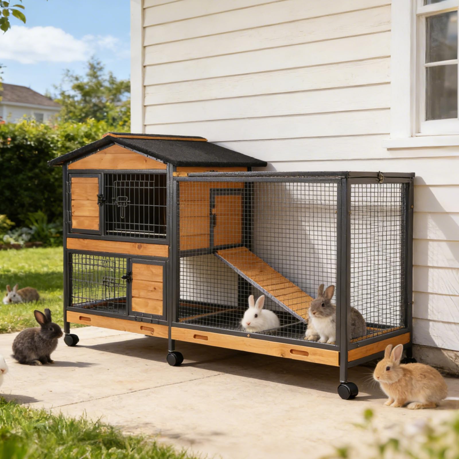 Suumerpety 2-Story Rabbit Cage with Chew-Proof Metal Frame for Indoor/Outdoor - 62" Bunny Hutch Guinea Pig Cages with 6 Locking Wheels &amp; 2 Removable Trays for Rabbits/Guinea Pigs