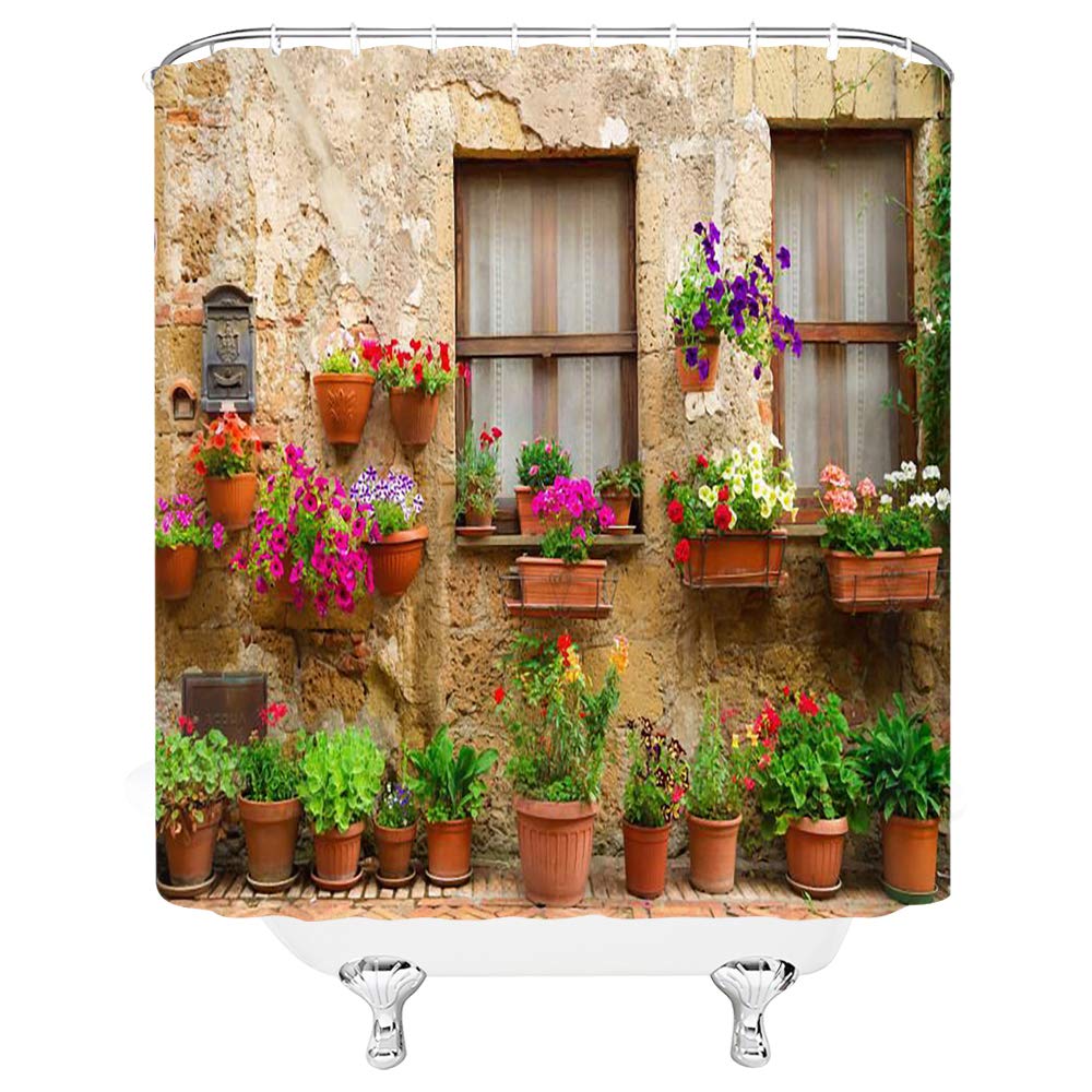 FILMILIL Farm Style Shower Curtain Garden Potted Italian Green Plants Vintage Windows 3D Printing Mediterranean Greece Scene Bathroom Decoration Polyester Fabric with Hooks (90 X 70 Inch) - Image 3