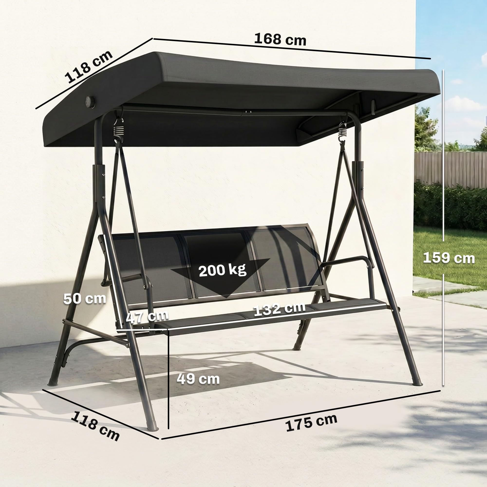 Outsunny Columpio de Jardín Exterior de 3 Plazas con Toldo Reclinable, Balancín de Jardín Exterior con Respaldo Transpirable y Marco de Acero, para Terraza Balcón, 175x118x159 cm, Negro