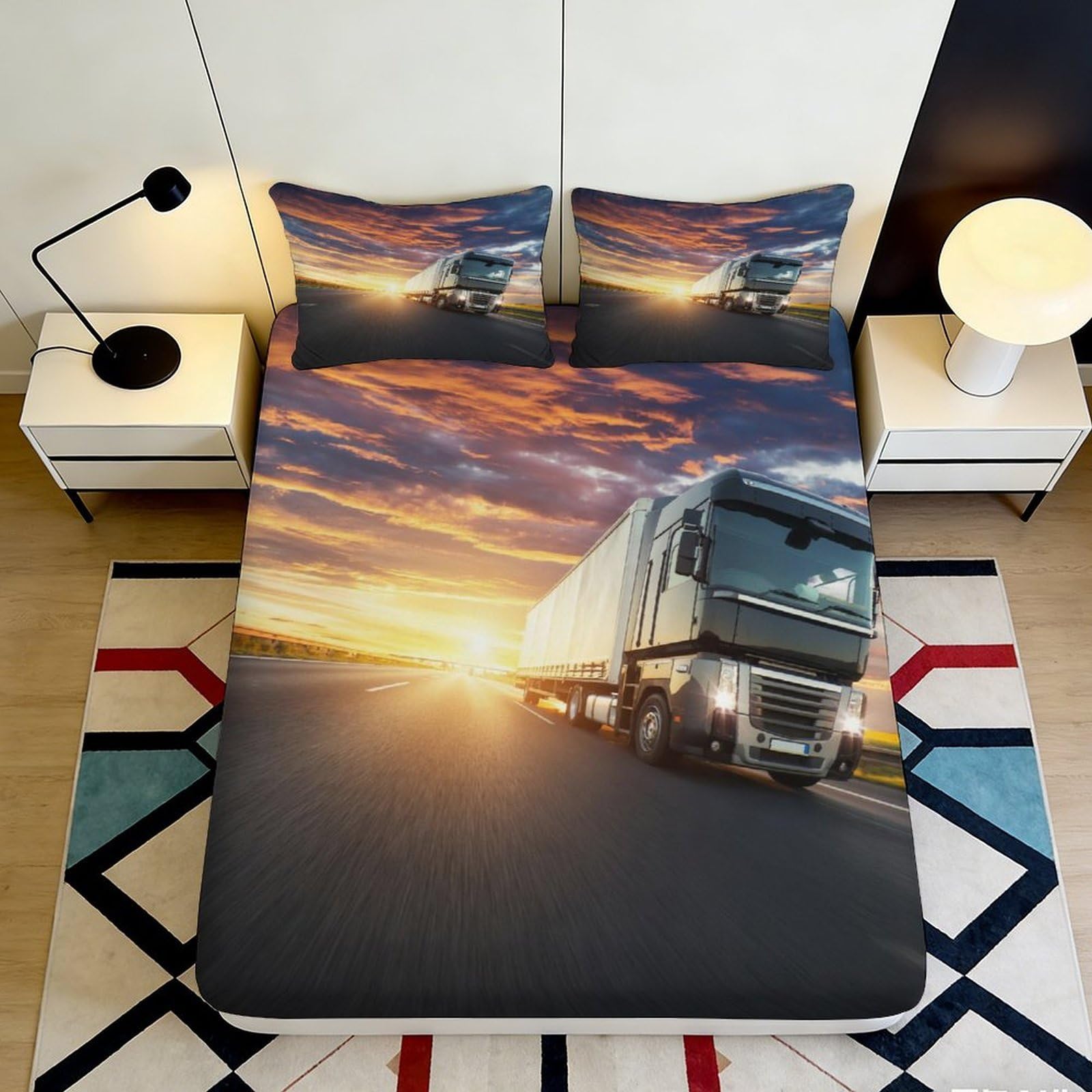 3D Printed Sunset Highway Truck Fitted Sheet Microfiber Non-slip Bed Sheet for Bedroom Dorm Decor Protection 90x200x25cm