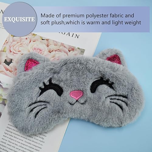 Vista 6 de Lindas máscaras para dormir, máscara de ojos de gato de dibujos animados, máscara de felpa para dormir y venda de viaje, divertida sombra de ojos