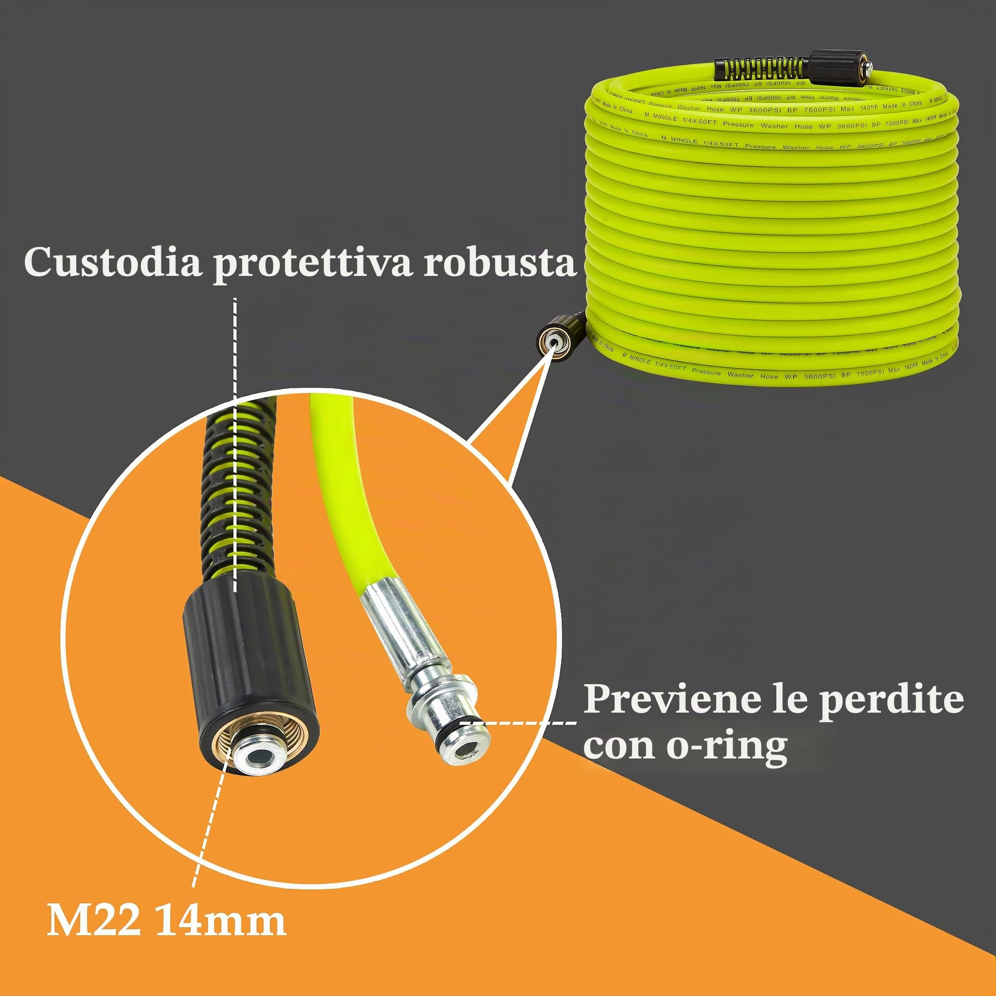 M MINGLE Tubo flessibile per idropulitrice da 1,5 m x 0,6 cm – Tubo di ricambio per idropulitrice con adattatore M22 da 14 mm in acciaio inox Quick Connect – 3600 PSI