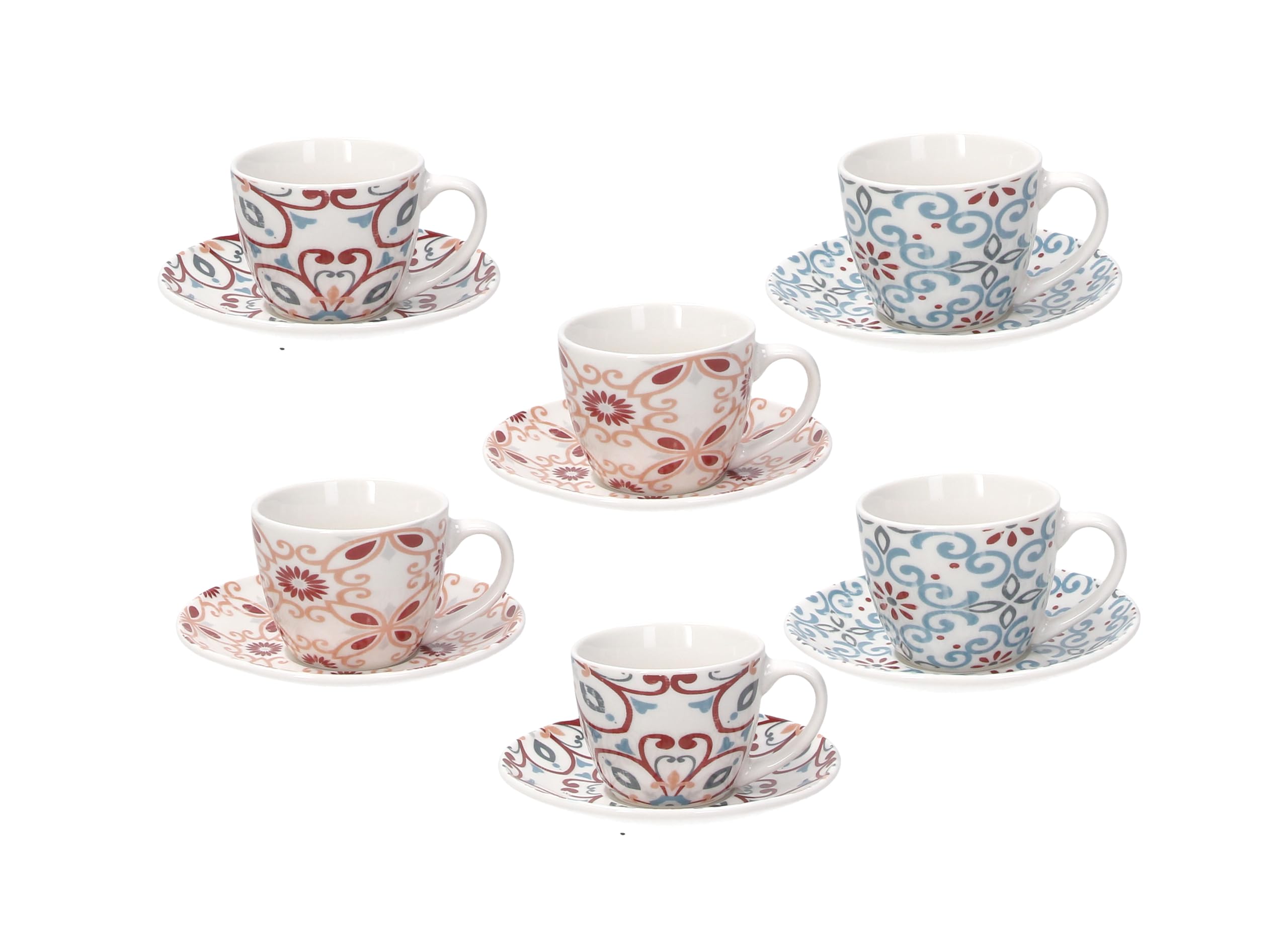 Tognana Ribeira Bone China Coffee Cups with Plate, Pack of 6, Multi-Colour