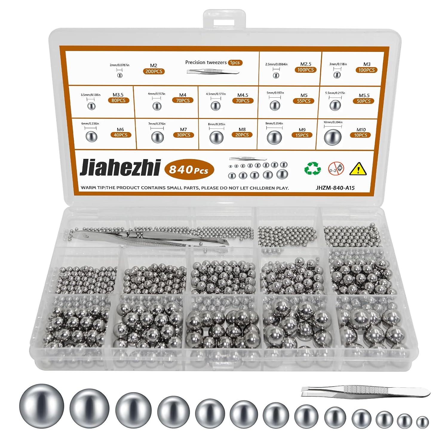 840 Pcs Stainless Steel Bearing Balls, 2/2.5/3/3.5/4/4.5/5/5.5/6/7/8/9/10mm