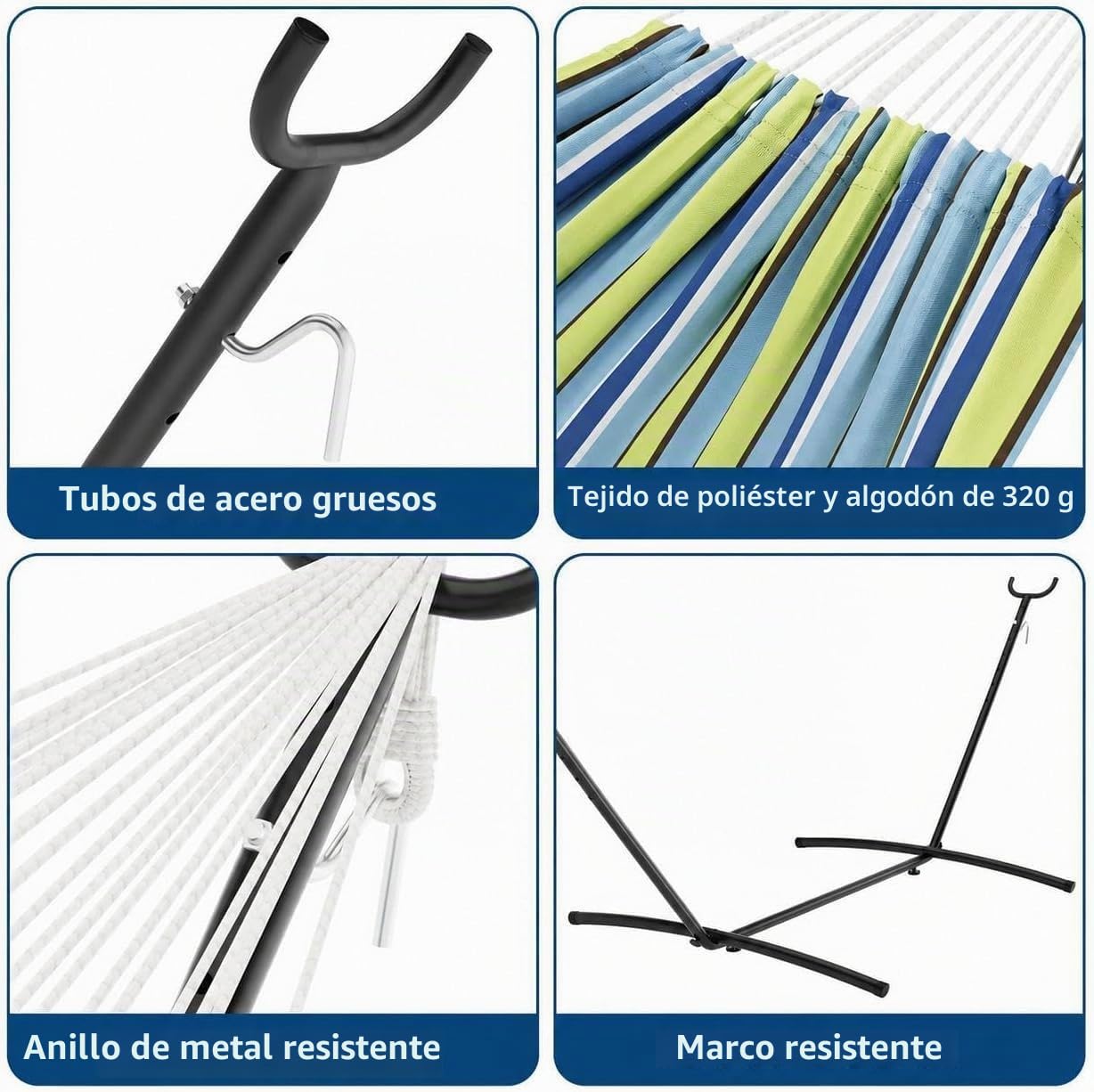 Hamaca doble resistente con estructura de acero – Plegable y portátil – Hasta 227 kg – Comodidad de poliéster algodón – Para jardín, terraza, camping e interior – Incluye bolsa de transporte – Rayas