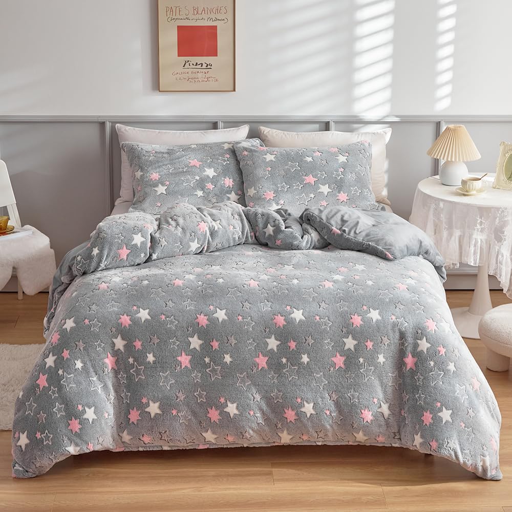 Freyamy Winter Bettwäsche 135x200 Biber Flanell Flauschige Winterbettwäsche | Leuchtend im Dunkeln Kinderbettwäsche Plüsch, 2teilig Warme, ÖKO-TEX Bettbezug mit Reißverschluss und 1 Kissenbezug 80x80cm