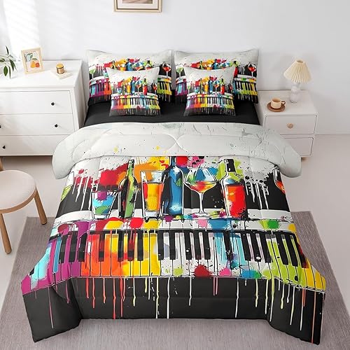 Miniatura 17 de Piano Music 7pcs Comforter King,Musical Notes Bedding Set Kids Girls Boys Teens Room Decor,Retro Graffiti Grey Gold Music Lover Bed in a Multi