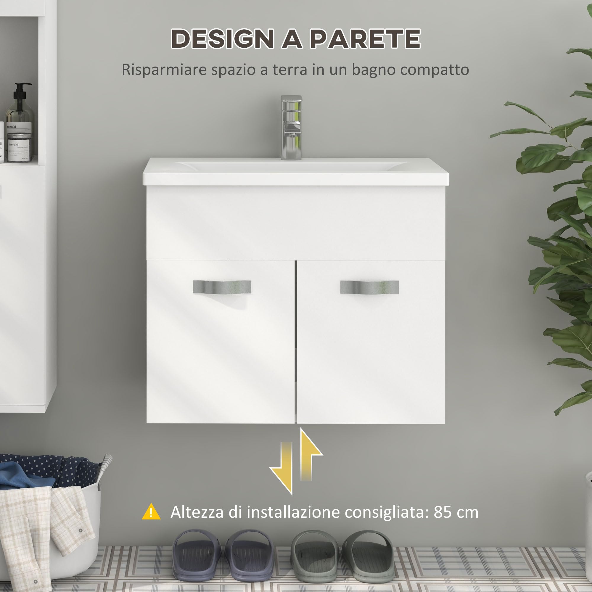 kleankin Mobile Bagno Sospeso con Lavabo, Mobile a 2 Ante con Lavandino e Cerniere Ammortizzate, 61x40x50cm, Bianco Lucido