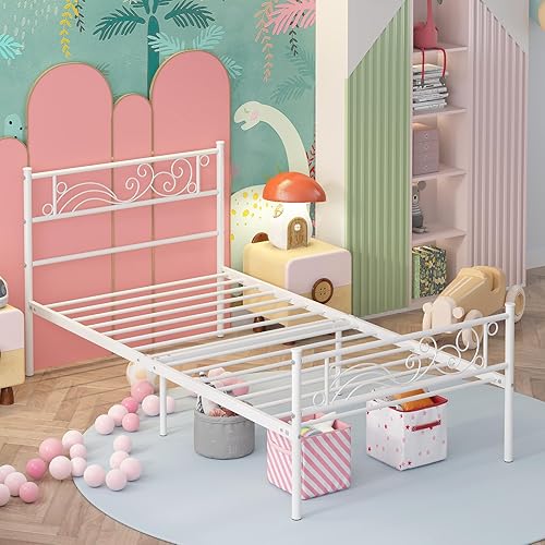 Miniatura 5 de Weehom Base de cama de tamaño individual con cabecero, no necesita somier, plataforma individual para niños, color blanco Blanco,Rosado,Púrpura,Negro
