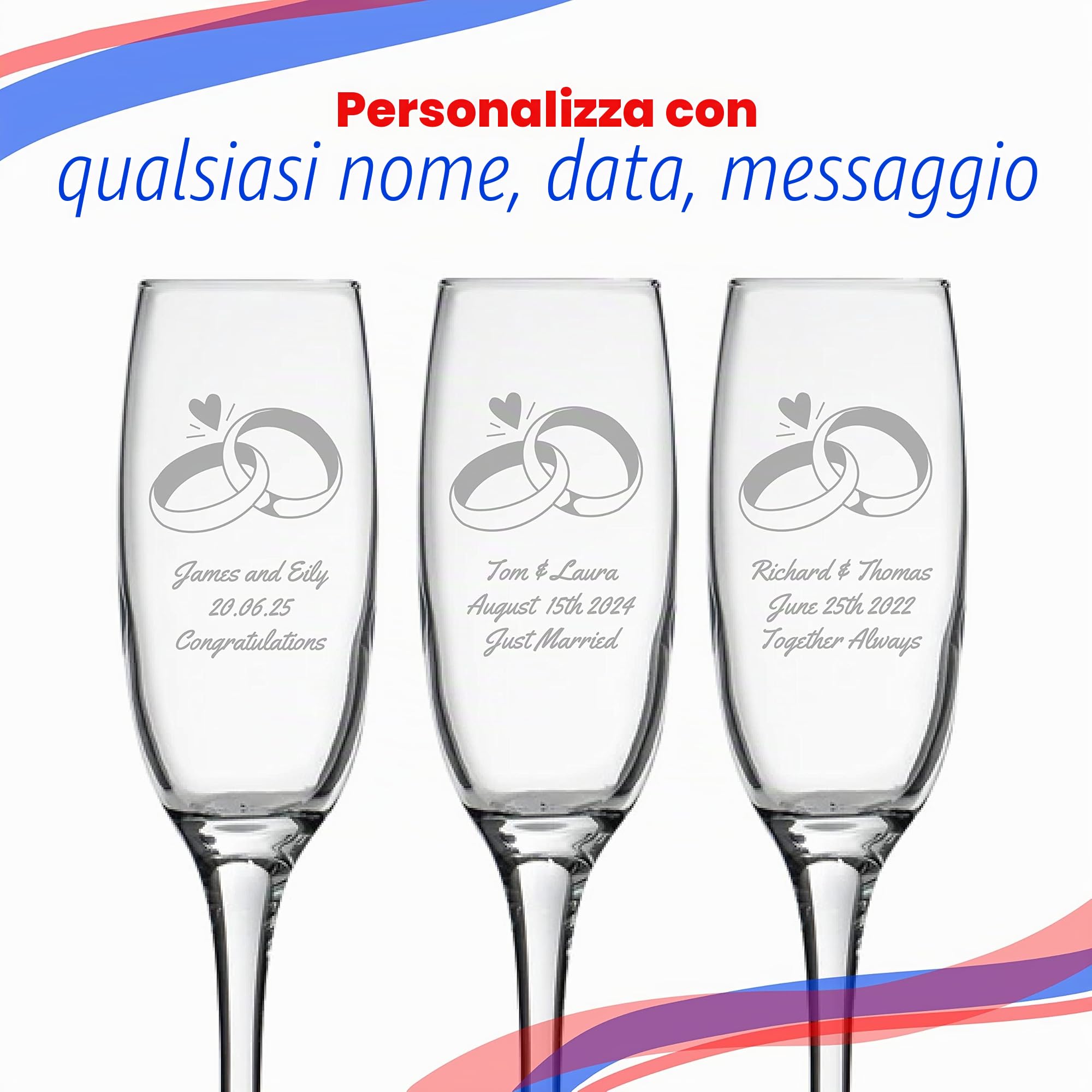 Set di bicchieri da champagne da matrimonio con incisione personalizzata con qualsiasi messaggio, qualsiasi data, design di fedi nuziali, due bicchieri da champagne personalizzati da 7 once