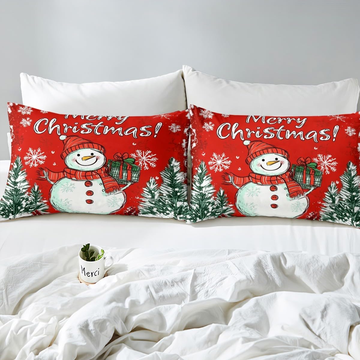 Merry Christmas Toddler Bedding Set 2 Pcs Cute Cartoon Snowman Hippie Graffiti Duvet Cover Set for Kids Boys Girls Teens Winter White Snow Green Trees Quilt Cover with 1 Pillowcase,No Comforter