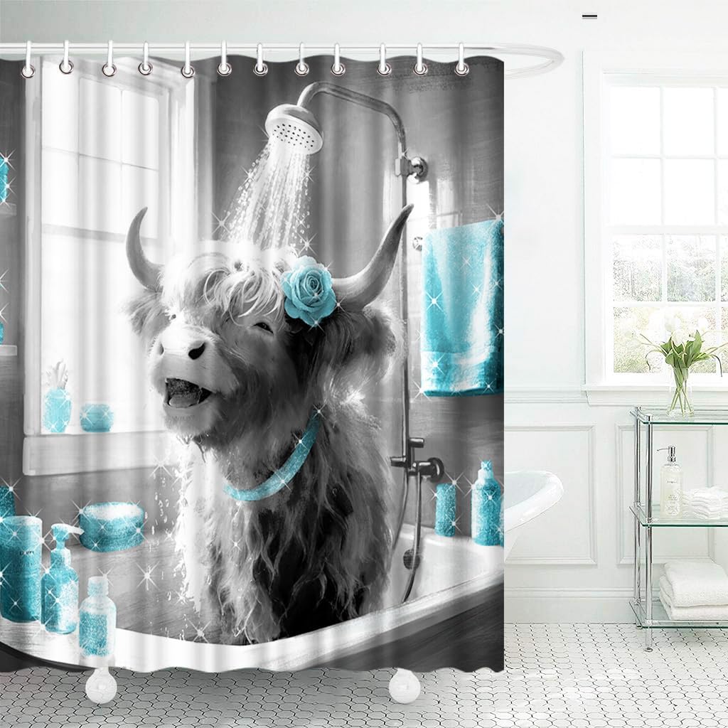 FuShvre Highland Cow Shower Curtain, Black and White with Turquoise Accents Bathroom Curtain Funny Bathroom Decor 72x72 inches with 12 Hooks (Turquoise)
