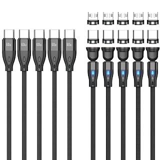 Cable de carga magnético (5 unidades, 0,5 m+1 m+1 m+2 m+2 m) USB C a USB C/Micro USB Cargador magnético PD 60 W Carga rápida 540° Rotación 2 en 1 Cable USB magnético para Micro USB tipo C Smartphone - Amazon product rated Grade A