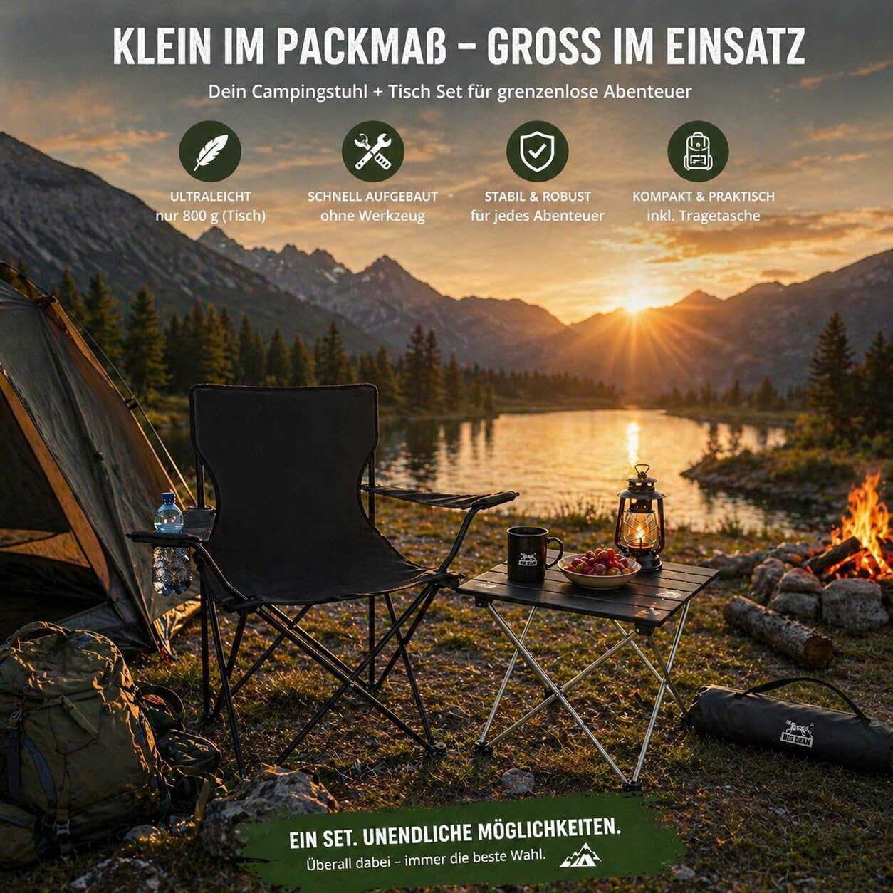 BigDean Campingstuhl mit Tisch Set klappbar – Camping Tisch Stuhl Set Campingstuhl faltbar Angelstuhl Faltstuhl Anglerstuhl - Camping Set Campingstühle Campingtisch mit Stühlen Anglersessel