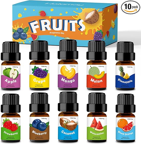 Fruity Fragrance Oil for Candle & Soap Making, Holamay Premium Fruit Essential Oils, 10 x 5ml - Coconut, Strawberry, Mango, Pineapple and More Diffuser Oil Scents, Summer Aromatherapy Oils Set