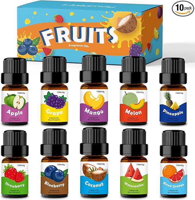Fruity Fragrance Oil for Candle & Soap Making, Holamay Premium Fruit Essential Oils, 10 x 5ml - Coconut, Strawberry, Mango, Pineapple and More Diffuser Oil Scents, Summer Aromatherapy Oils Set