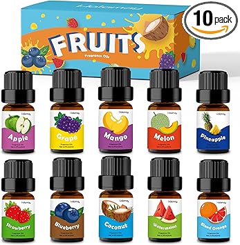 Fruity Fragrance Oil for Candle & Soap Making, Holamay Premium Fruit Essential Oils, 10 x 5ml - Coconut, Strawberry, Mango, Pineapple and More Diffuser Oil Scents, Summer Aromatherapy Oils Set
