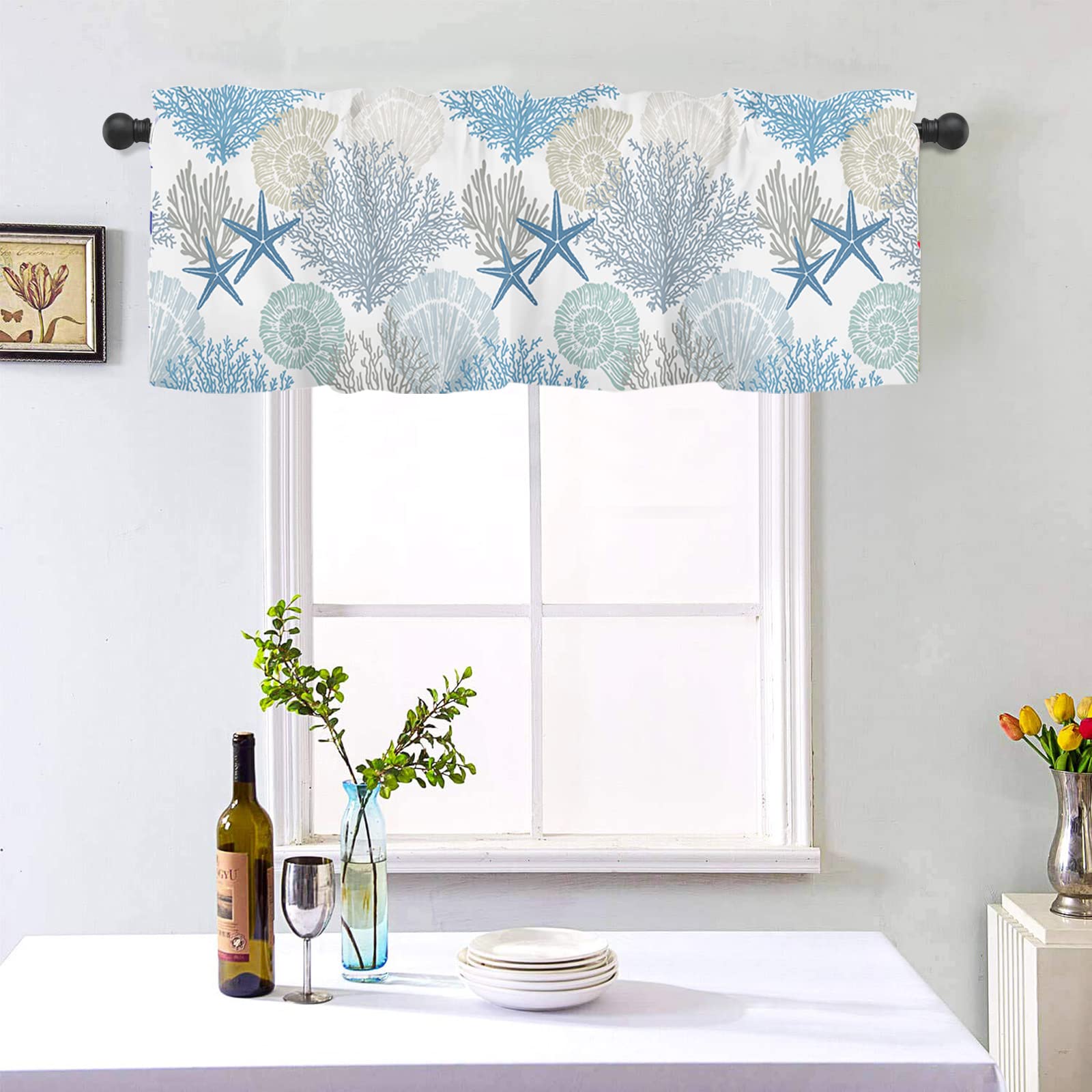 FJWMZ Summer Starfish Coral Kitchen Curtains Valances for Windows Beach Coastal Seashell Window Curtain 54x18 Inch Blue White Short Rod Pocket Bathroom Treatment Valance for Living Room Bedroom Decor