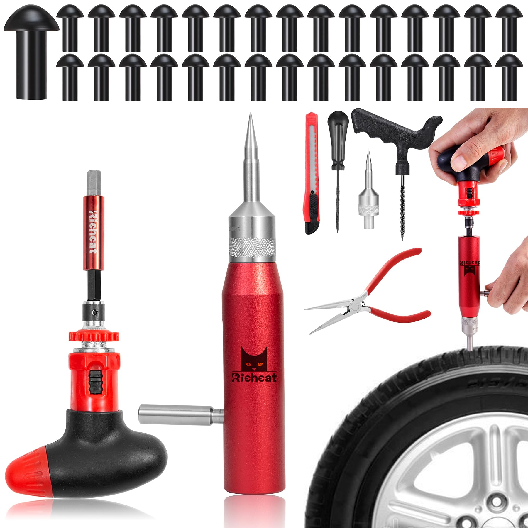 Richcat Tubeless Tire Puncture Repair Kit with Mushroom Plug, Repairs punctures and Flat Tires for Motorcycles, Cars, Trucks, ATVs and Tractors