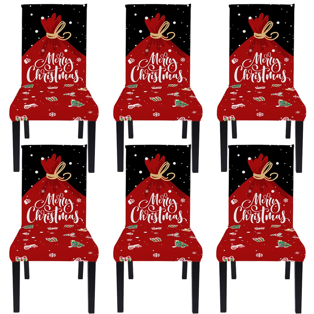 Andreannie Set of 6 Christmas Dining Room Chair Covers Snowflake Stretch Removable Dining Chair Slipcovers Protector Decorative for Christmas Holiday Party Ceremony (Red-Black, Set of 6)