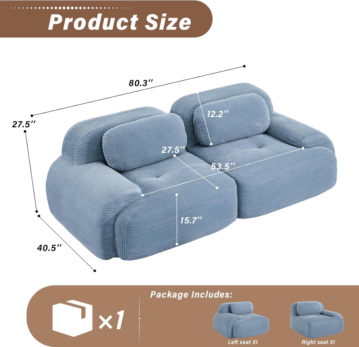 SoarFlash 81" Loveseat Sofa, Comfy Deep Seat, No Assembly, Sofa in a Box, Modern Small Couch with Plush Corduroy Fabric for Living Room, Bedroom, Apartment, Home Office, Blue