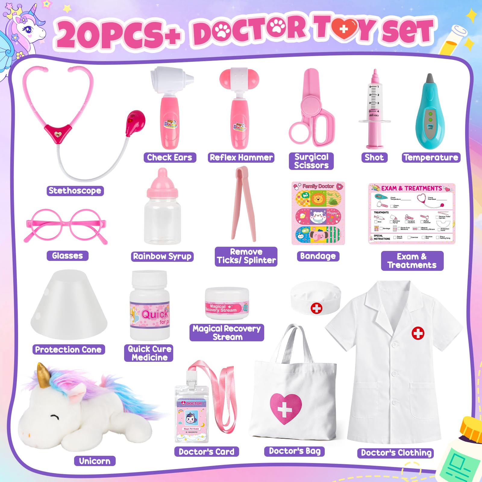 Kit Docteur Enfants, Coffret Médicale avec Peluche Licorne et Blouse de Docteur, Jeu de Rôle pour Enfants 3 4 5 6 Ans - Cadeau Noël et Anniversaire