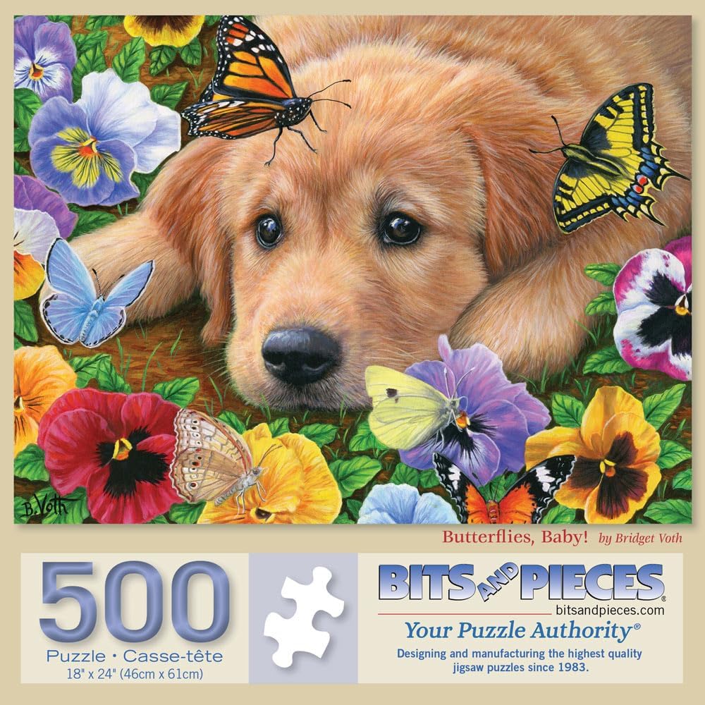 Bits and Pieces - 500 Piece Jigsaw Puzzle for Adults - 18" x 24" - Butterflies, Baby! - 500 pc Golden Retriever Puppy Jigsaw by Bridget Voth