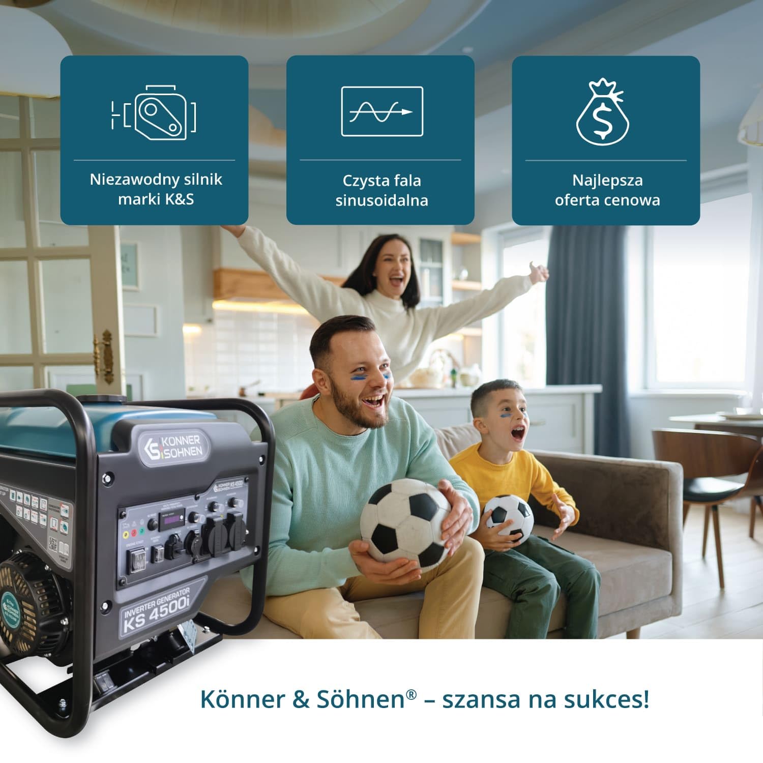 K&S Könner&Söhnen KS 4500i Inwerter, generator benzynowy, maks. moc 4500 W, USB QC 3.0, typ C, tryb ekologiczny, wyświetlacz LED, 4-suwowy, 12 V, 2 x gniazda 230 V, Könner & Söhnen