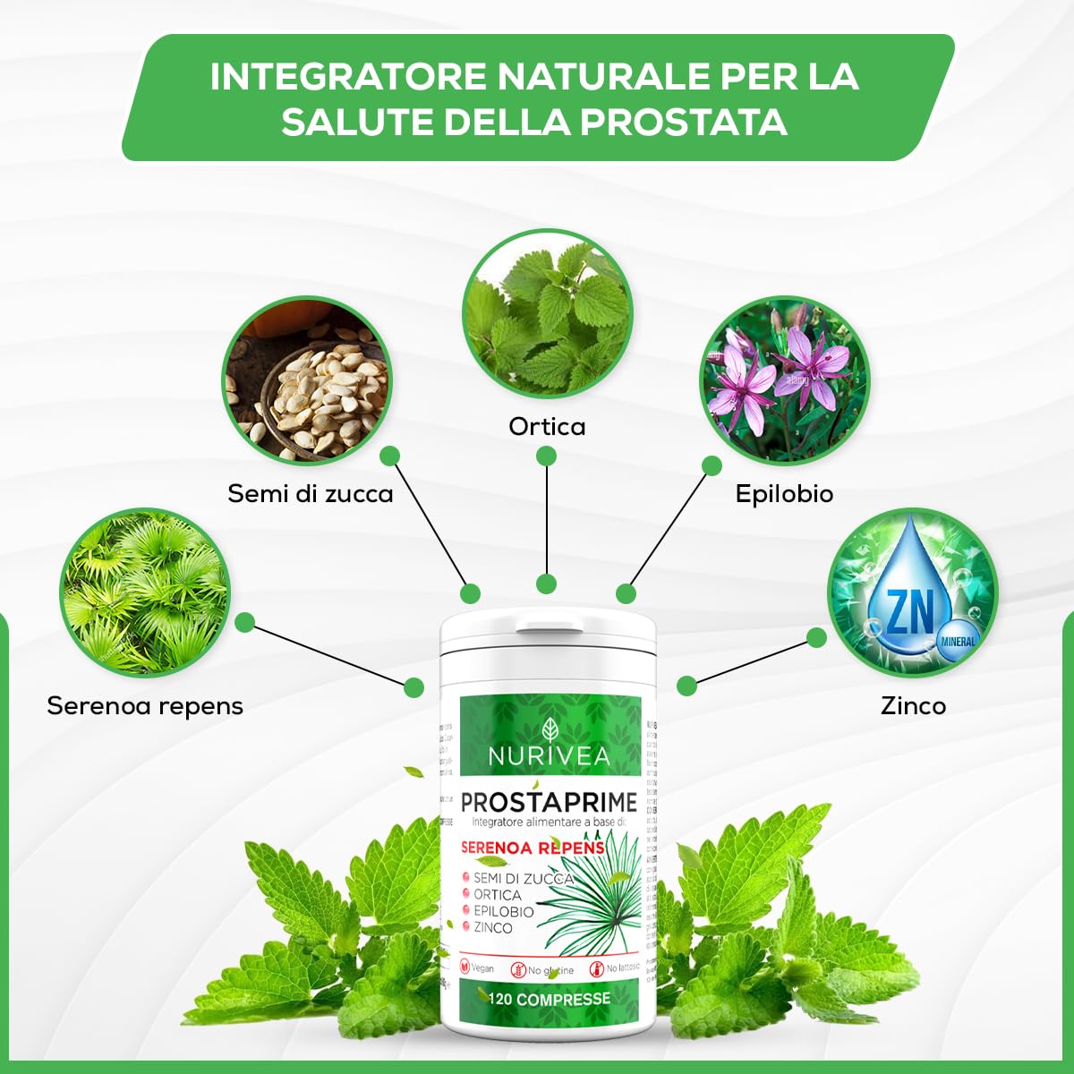 NURIVEA Serenoa Repens per la Prostata Integratori Saw Palmetto 360 Mg con Zinco Estratto di Ortica Epilobio Semi di Zucca 120 Compresse Made in Italy