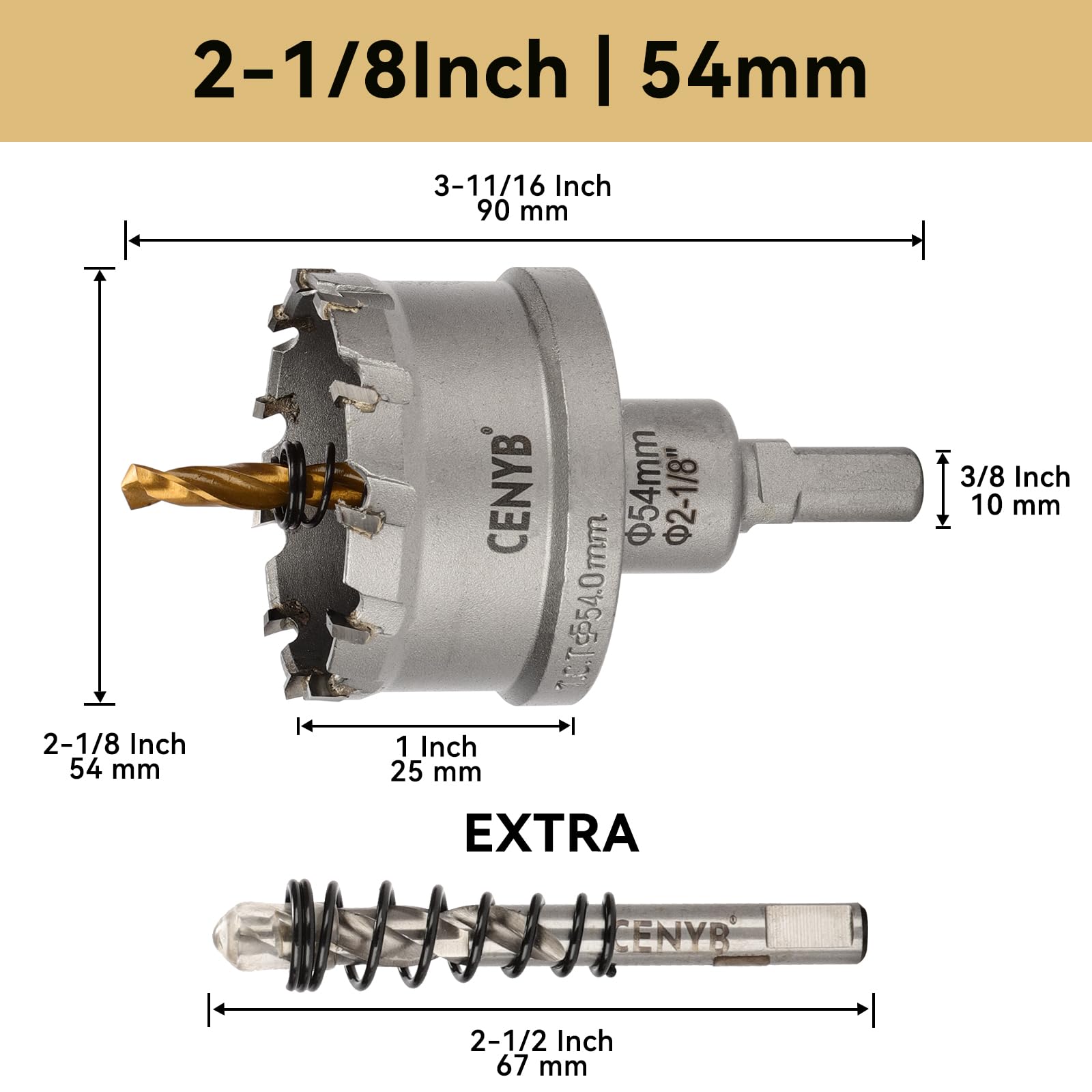 2-1/8" (54mm) Tungsten Carbide Tipped Hole Saw with 2Pcs Titanium-Plated Pilot Drill Bits for Metal, Steel, Iron, Wood, Plastic — view 2