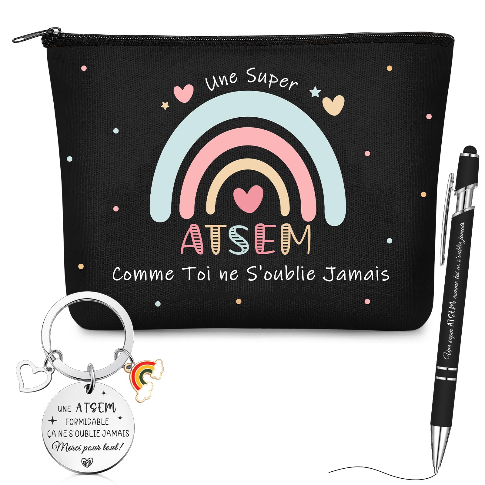 Coffret Cadeau ATSEM 3 Pièces Trousse de Maquillage Porte-Clés Stylo à Bille