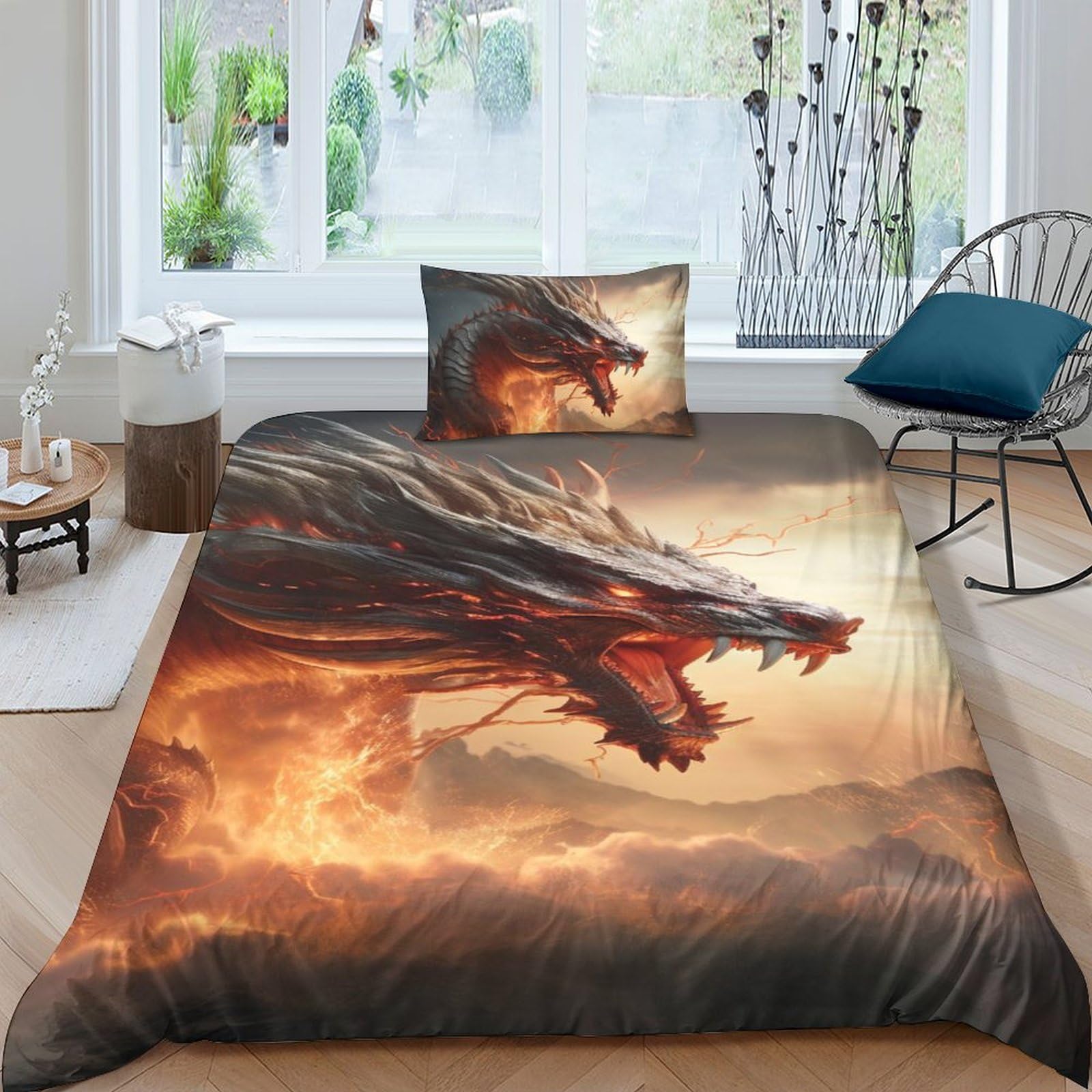 Parure de lit enfant dragon chinois housse couette 135x200 3 pièces