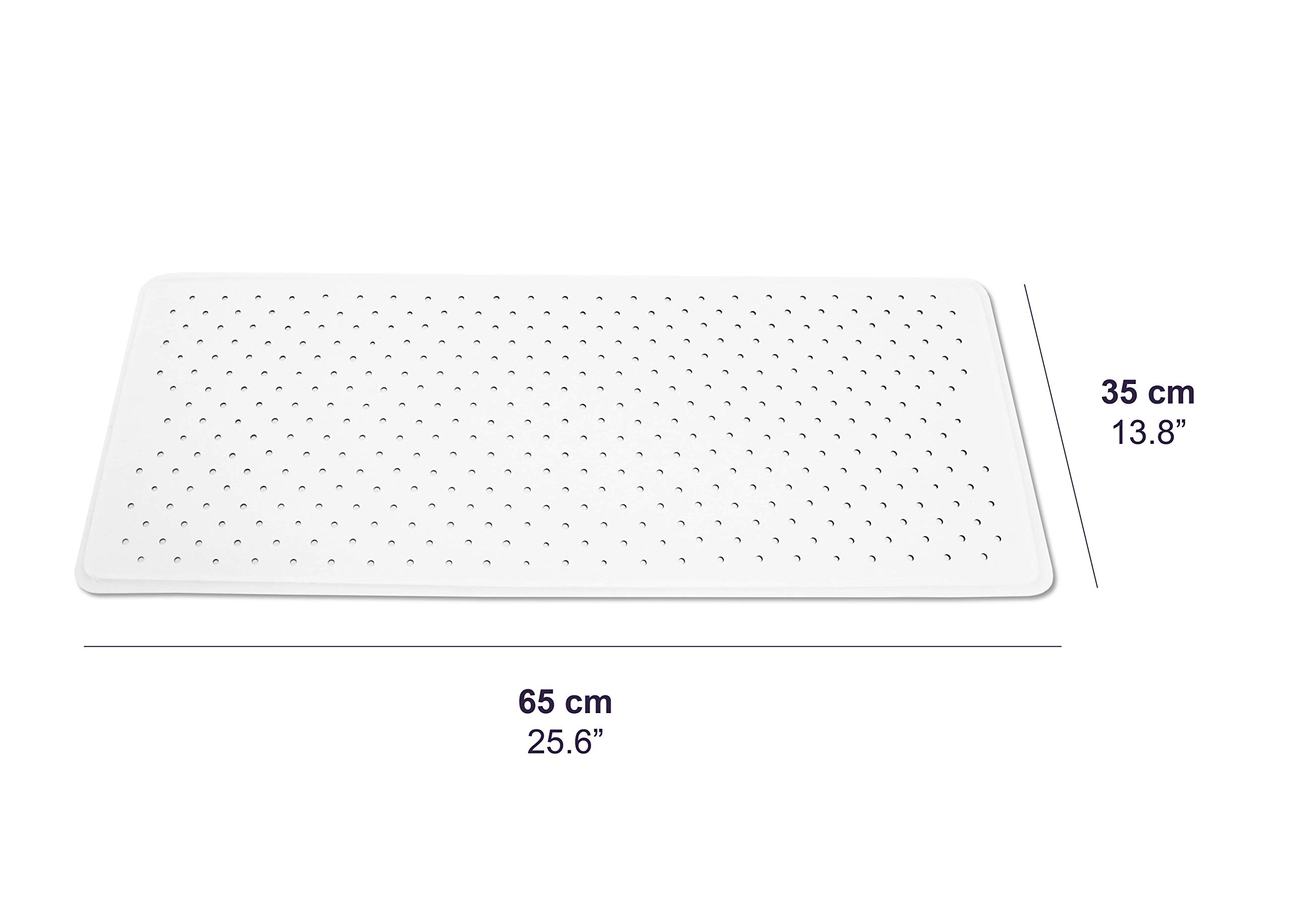 KMINA Tapis de Bain Antidérapant (65x35 cm), Douche Rectangulaire, Baignoire avec Ventouse, Caoutchouc Naturel, Antimoisissure, Blanc - Fabriqué en Europe