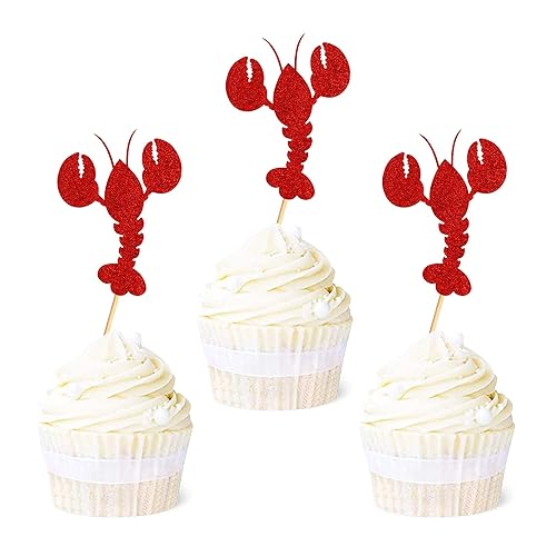 Miniatura 8 de Ercadio Paquete de 24 adornos para magdalenas de cangrejo de cangrejo rojo con purpurina roja para magdalenas de langosta del océano, fiesta