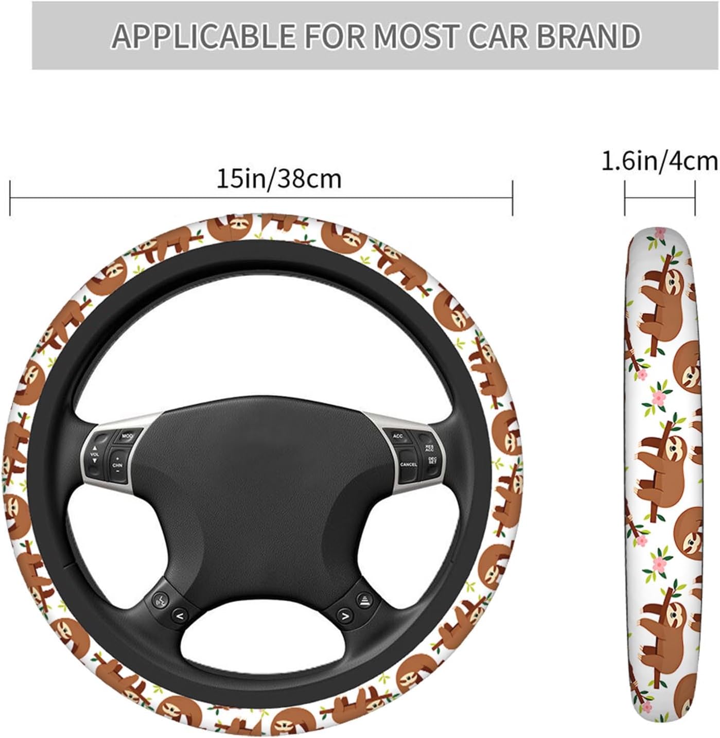 Swono Sloth Steering Wheel Cover,Cute Cartoon Sloth Hanging On The Tree Breathable Auto Car Steering Wheel Cushion Case for Men Universal 15 Inch Steering Wheel Protection image 3