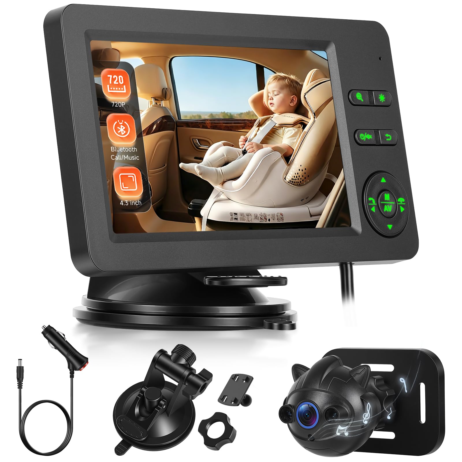 Hodozzy Cámara de Coche para Bebé 720P con Música Bluetooth, Espejo de Coche para bebé, Cámara de Coche Gran Angular, Pantalla de 4,3'' para Observar Niños y Mascotas, Visión Nocturna