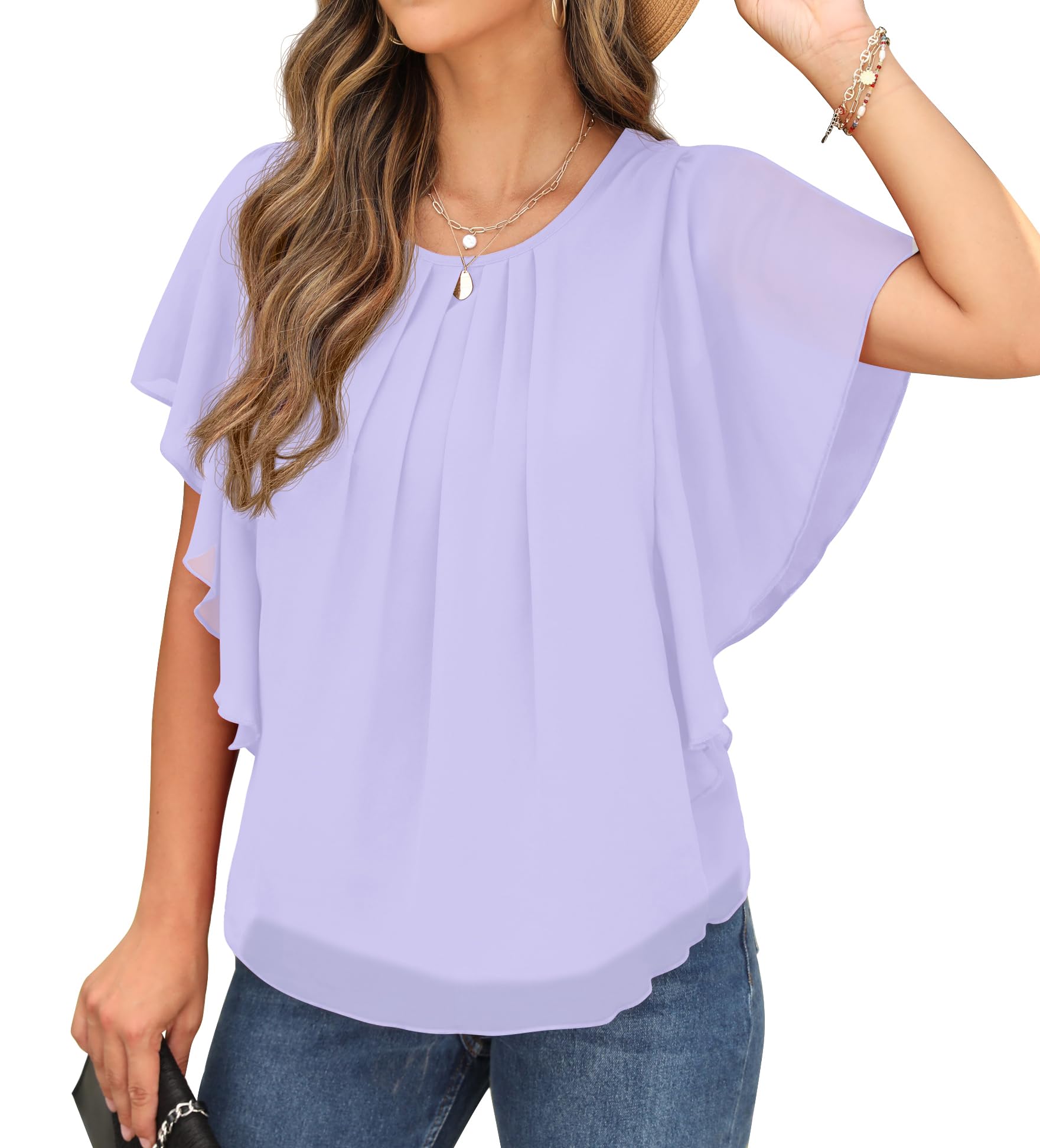 Qixing Summer Casual Loose Round Neck Chiffon Flowy Tops Blouses for Women