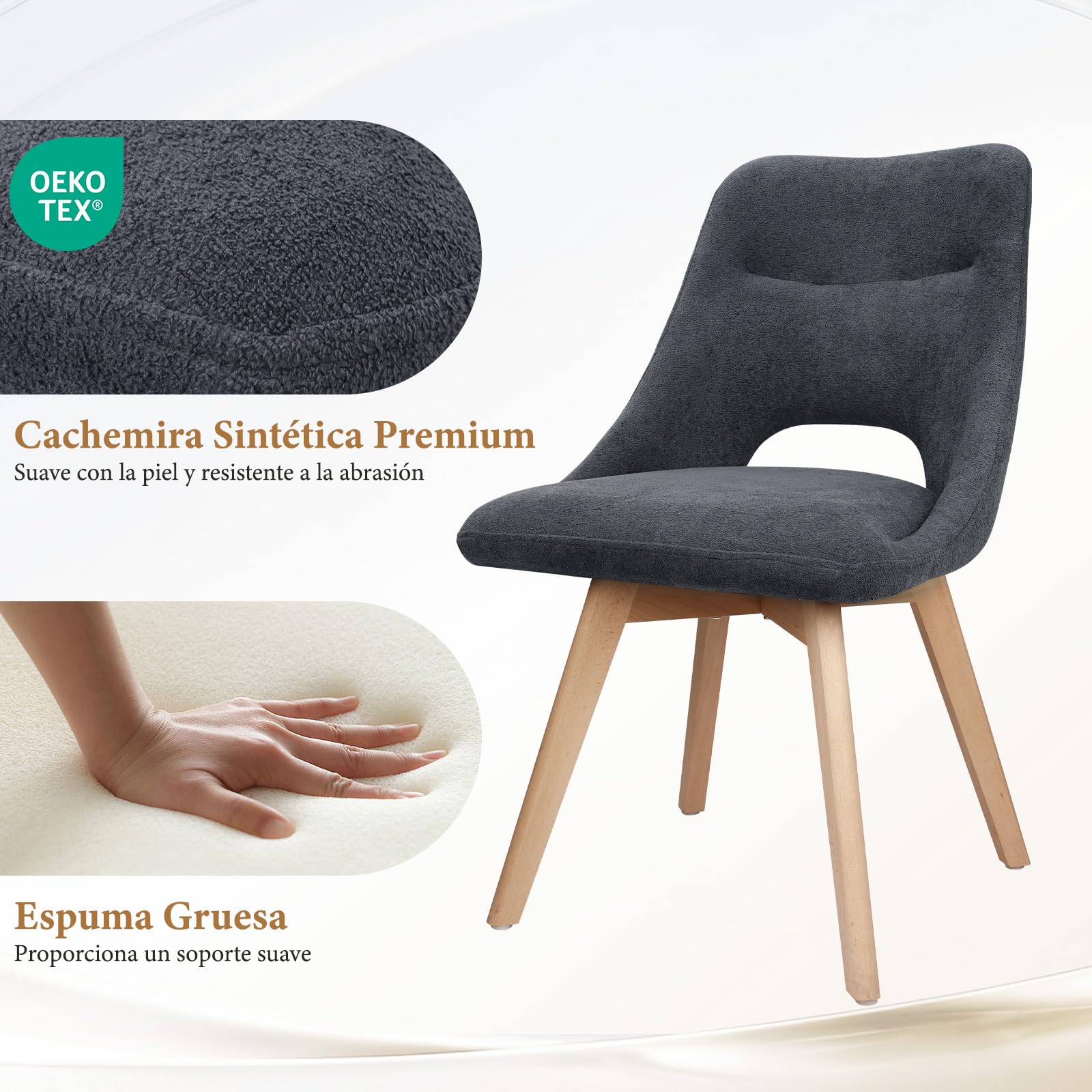 WAFTING Sillas de Comedor Giratorias 360° Acolchadas Pack de 4, Gris Oscuro | Tejido Similcachemir, Pata de Haya, Asiento Ancho de 48 cm, Respaldo Calado, para Comedor, Cocina, Salón y Cafetería