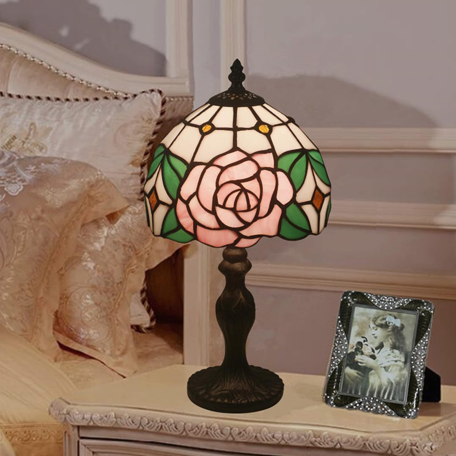 8" Tiffany Style Pink Rose Lamp,Tiffany Style Table Lamp for Girl Bedroom Bedside Lamps,Stained Glass Lamp,Lover Girlfriend Gift