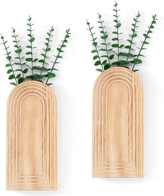 2 Pcs Wooden Wall Vase Art Decor Set with 10pcs Artificial Eucalyptus Plants - Modern Contemporary Style Boho Rustic&Farmhouse Home Decoration for Entryway Hallway Bathroom Living Room Dining Room