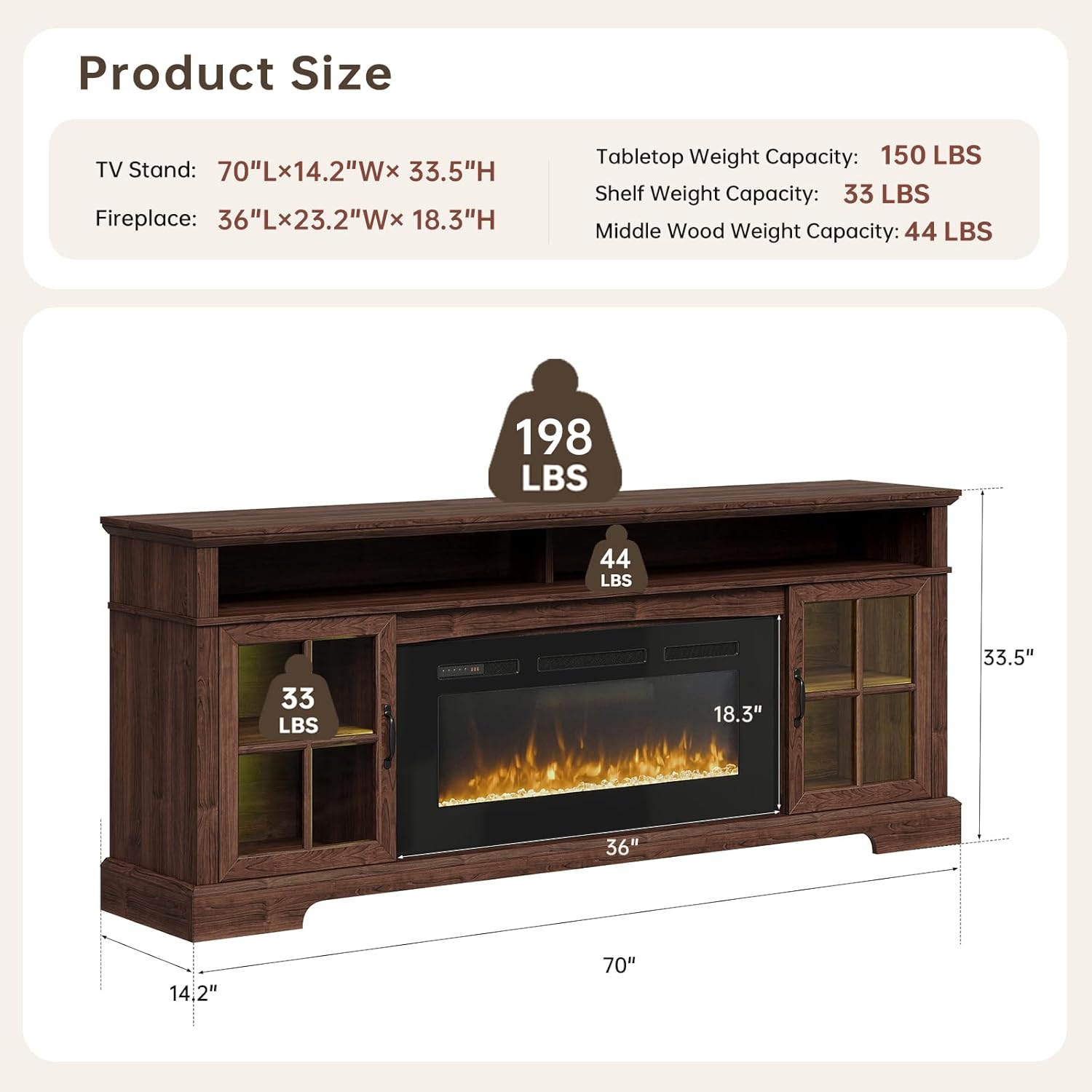 70" Fireplace TV Stand, Modern Entertainment Center for TVs Up to 80”, TV Console with Storage Cabinets, Media Console for Living Room, Brown TV Stand and Black Fireplace - Image 6