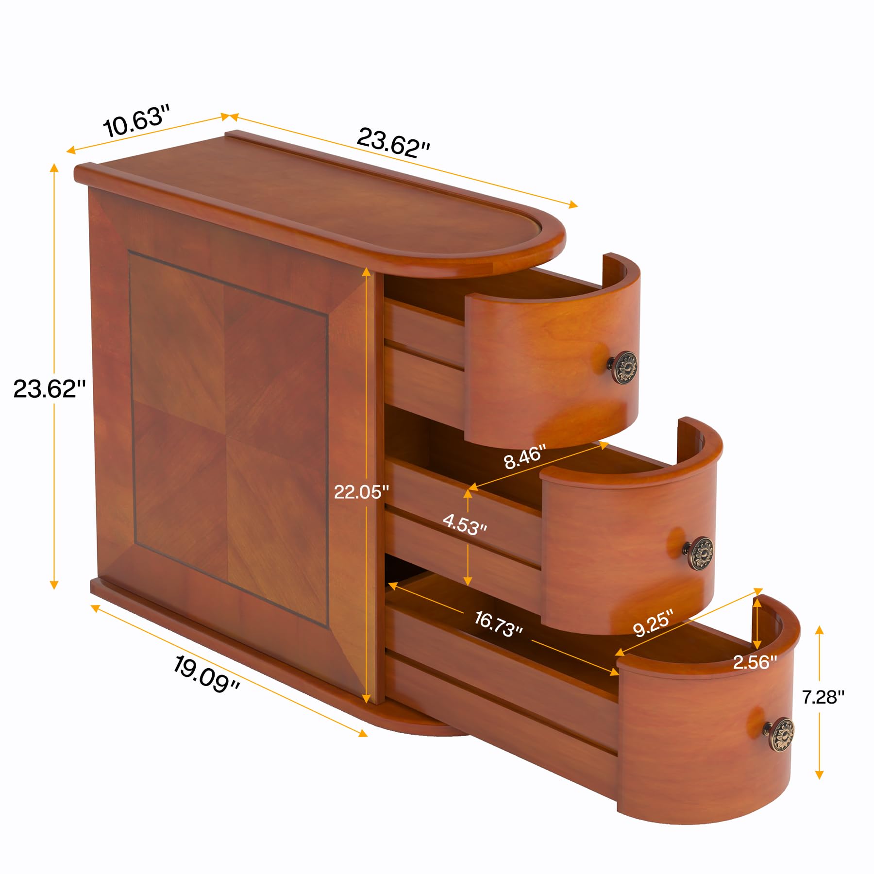 Tribesigns Wood End Table, 3-Drawer Narrow Side Table Slim Chair Solid Side Table, No Assembly Required, Finished Back, Brown