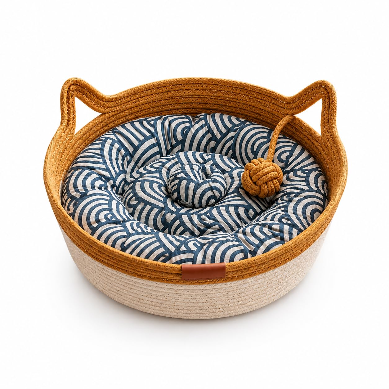 Handwoven Cotton Rope Cat Instinct Basket, Interactive Scratch Bed with Attached Toy Tail, Breathable All Season Nest for Small Medium Large Cats & Dogs，Brown2：L